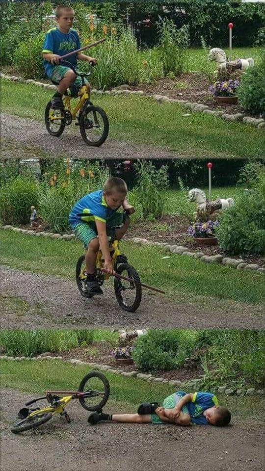This meme is a humorous image that depicts a child on a bike suddenly falling off it. The image is split into two parts, with the top part showing the child riding happily, and the bottom part showing the child lying on the ground, face-planting. The text "I'm not lazy, I'm just on energy-saving mode" is superimposed over the image, implying that the child's sudden fall is not due to a lack of effort, but rather a deliberate choice to conserve energy.